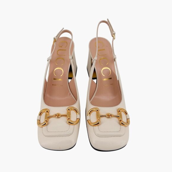Gucci Baby Horsebit White Leather Slingback Pumps Block Heels Size 37.5 US 7.5 - Picture 3 of 15